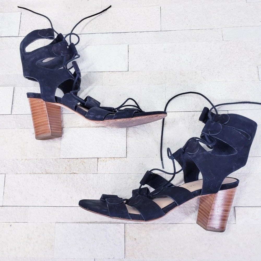 Y2K Boho Chic Loeffler Randall Sandals 6 Black Suede Gladiator Lace Up Heels - Picture 7 of 11